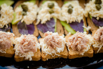 Table cutting, buffet table, sausage, coffee break