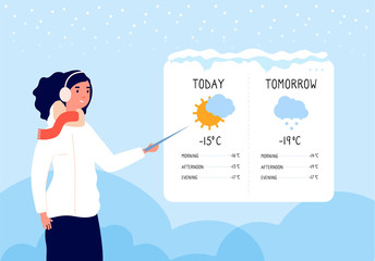 Winter weather forecast. Woman forecasting sunny and snowy day in tv news vector concept. Illustration forecast weather, woman show meteorology banner - obrazy, fototapety, plakaty