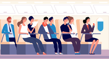 Passengers on plane. People traveling on airplane board. Airline transportation and tourism vector flat concept. Airplane travel, people passenger inside plane illustration