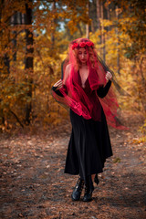 Magical time, Autumn bride with red veil . Costume and ideas for party, ladys witchcraft  