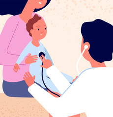 Baby with pediatrician. Mom and kid visit family doctor in hospital. Medical child exam, infant health check up. Vector concept. Pediatrician professional, pediatric consulting specialist illustration
