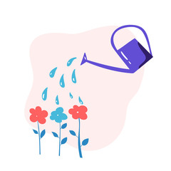 vector watering can water flowers in garden. Illustration concept about flower care for children book, web design