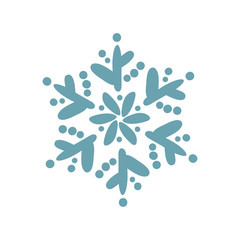 Hand drawn blue Christmas vintage scandinavian snowflake. Xmas decorative design element in retro style, isolated winter vector illustration