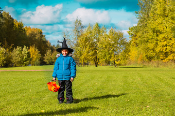 happy boy prepare for halloween celbration, child trick or treating