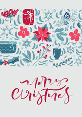 Merry Christmas calligraphic lettering hand written text. Greeting card design with floral decoration. Modern winter season postcard, brochure, wall art design