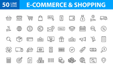 Fototapeta na wymiar Set of 50 E-commerce and shopping web icons in line style. Mobile Shop, Digital marketing, Bank Card, Gifts. Vector illustration.