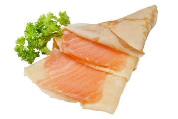Pancakes with Salmon on white isolated background