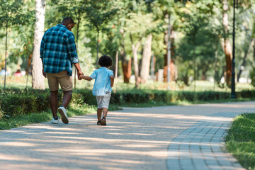 back view of curly kid holding hands with african american father and walking in park - obrazy, fototapety, plakaty