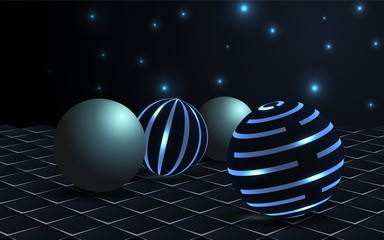 Abstract realistic 3d spheres a combination with lighting shapes. Modern vector design template for use element cover, banner, advertising, poster, corporate