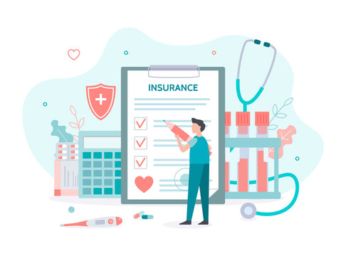 Man fills out health insurance. Health insurance concept with tiny people. Flat vector illustration.
