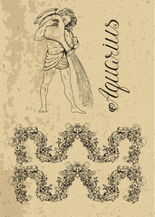 Fototapeta premium Aquarius Zodiac Sign and fantasy mascot on texture. Collection of characters and astrological symbols in victorian style. Vector line art illustration for Horoscope, Esoteric and Mystic design