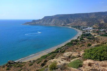 view of the island in mediterranean sea, pissouri beach / bay in Cyprus, panoramic view from hill around