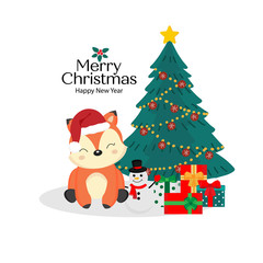 Merry Christmas and Happy New Year card. Cute fox cartoon.