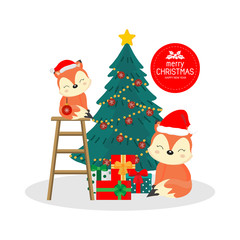 Merry Christmas and Happy New Year card. Cute fox cartoon.