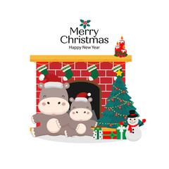 Merry Christmas and Happy New Year card. Cute Hippo in santa hat cartoon.