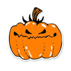 Halloween Pumkin with smiling face lantern. Hand drawn doodle label design. Stock vector icon.