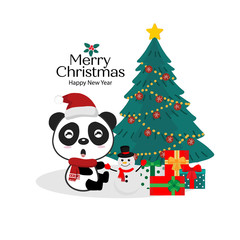 Happy pandas in Santa hats. Merry Christmas and Happy New Year card.