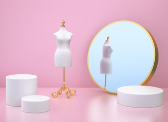 Clothing mannequin and mirror in pink room