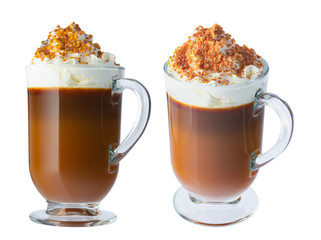 Coffee, cappuccino with whipped cream in a glass, Irish glass. Ground nuts, chocolate chips. Isolate on a white background. The photo.