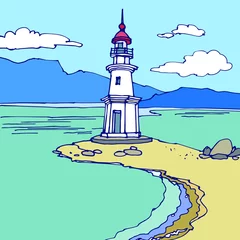 Fotobehang Zeegroen Lighthouse vintage tower on the sea coast. Seascape with ocean coastline and blue sky. Hand drawn stock vector doodle illustration.  © NaDo_Krasivo