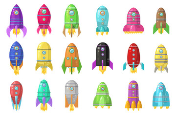 Grote reeks van leuke cartoon gekleurde raketten geïsoleerd op wit. Vector.