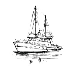 Sailboat, sailing yacht, ship, boat in the sea. Hand drawn line art sketch. Black and white doodle vector illustration, design for coloring book page