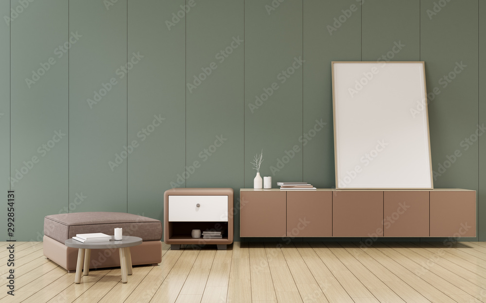 Aufkleber view of living room in minimal style with sofa and small cabinet on timber laminate floor.blank whit
