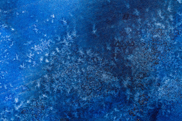 Abstract art background navy blue and white colors. Watercolor painting on canvas with stains.
