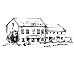 Old stone house hand drawn stock vector illustration. Vintage village building engraving, line art, sketch. Design for coloring book page