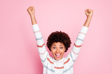 Photo of shouting screaming cute sweet sincere black youngster having won contests seeing sales...