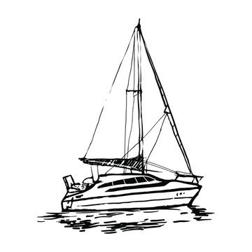Sailboat, sailing yacht, ship, boat in the sea. Hand drawn line art sketch. Black and white doodle vector illustration, design for coloring book page