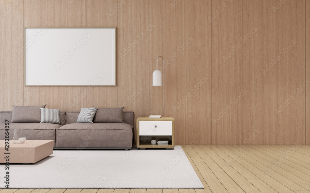 Poster view of living room in minimal style with sofa and small cabinet on timber laminate floor.blank whit