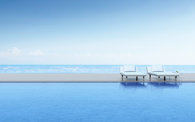 View of daybed with side table and wood terrace on sea view background,Blue pool. 3D rendering