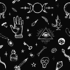 Magic items collection. Witchcraft signs and objects set for ritual. Wiccan symbols. Hand drawn doodle seamless vintage pattern design on black background.