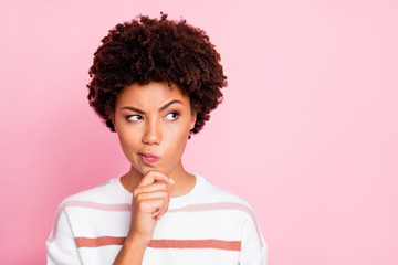 Closeup photo of pretty dark skin lady thinking about important business startup decision touch...