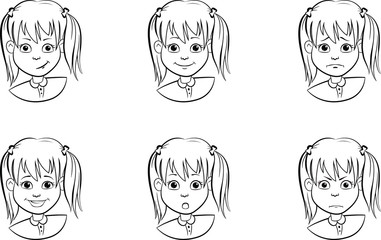 Drawing set of cartoon faces a girl with various emotions moods and expressions black and white. Child with different emotions and mood. Clipart face Isolated on white background
