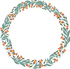 Fototapeta na wymiar vector drawings of round wreath with leaves and cute flowers, floral frame