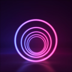 Abstract glowing fluorescent neon light tunnel. Futuristic background. 3D Render