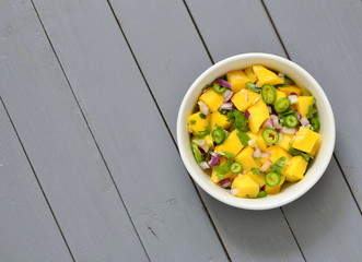Homemade Mango Salsa,  top view, copy space