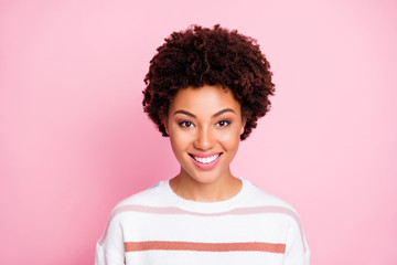 Close up photo of amazing dark skin lady in peaceful and calm mood wear warm fluffy white striped jumper isolated pink color background