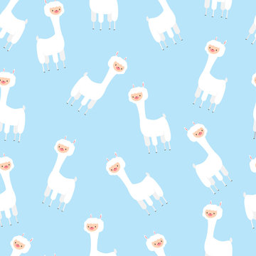 Cute Llama Vector Seamless Pattern. Cartoon Background For Wallpaper, Wrapping, Packing, And Backdrop.