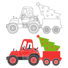 Red tractor with Christmas tree vector cartoon silhouette and coloring book page illustration isolated on a white background.