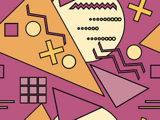 Memphis seamless pattern with geometric shapes in the style of 80s. Autumn color palette. Vector illustration