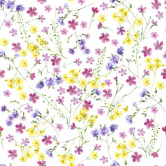Obraz na płótnie Canvas Seamless pattern of watercolor pink, yellow and blue wild flowers