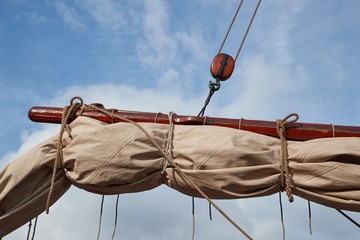 Rigging ropes on an old sailing ship mast