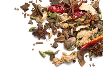 Set of spices isolated white background. Mix.