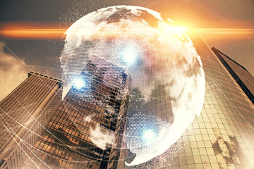 Double exposure of business theme hologram drawing and city veiw background. Concept of success.