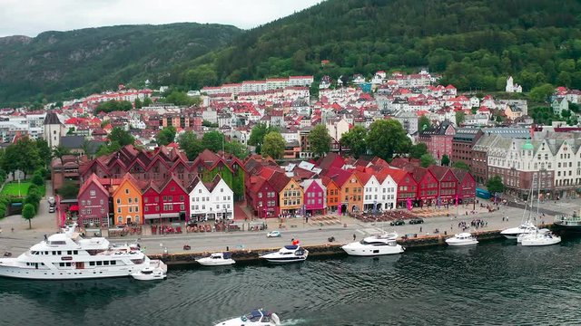 Aerial view of the city harbor in Bergen, Norway in Scandinavia with colorful buildings