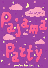 Pajama sleepover party card with space for text. Slumber party invitation card or poster template. Handwritten lettering. Colorful background - vector illustration.