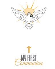 Communion or baptism card. Cross and white dove